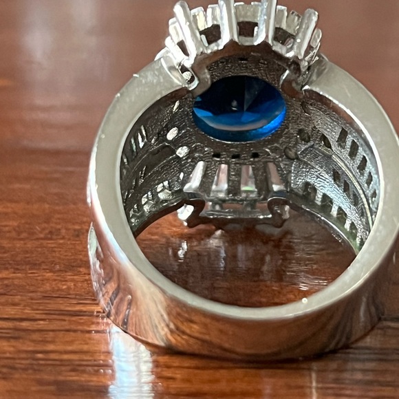 White Gold Plated Blue Sapphire Diamond Crown Simulated Ring - Picture 10 of 14